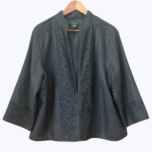 Anne Carson Black Linen Eyelet Jacket 1X Boho Lined 3/4 Sleeve